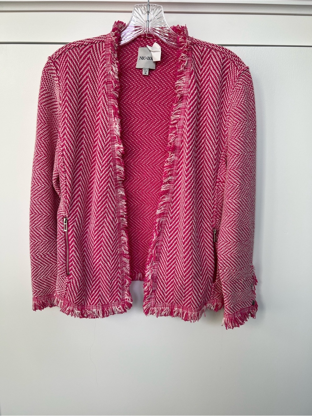 NIC+ZOE Pink Fringe Open-Front Herringbone Cardigan